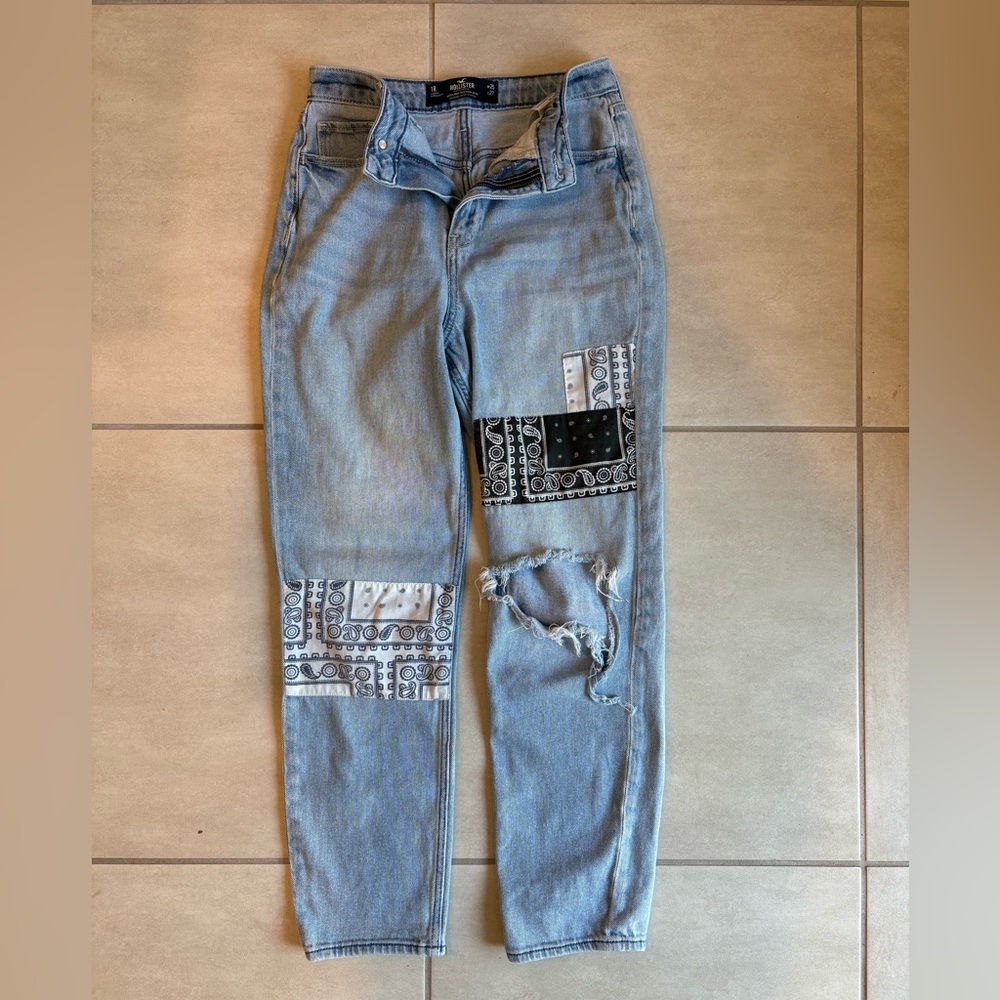 Hollister Light Blue High Rise Jeans with Black and White Patchwork